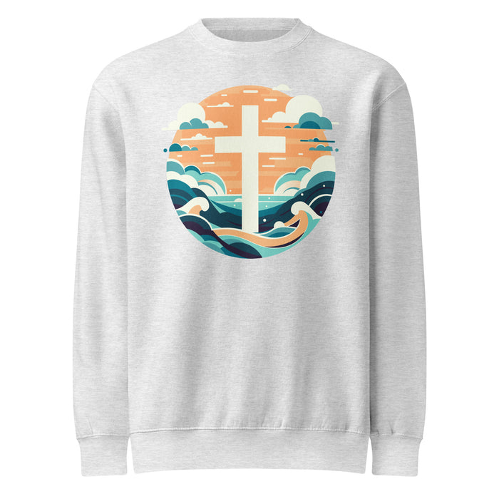 Summer Waves Cross Sweatshirt in heather grey, front view showing cross over waves design