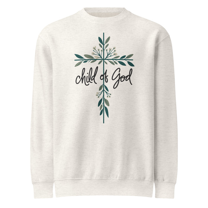 Child of God Floral Cross Sweatshirt in oatmeal heather, front view