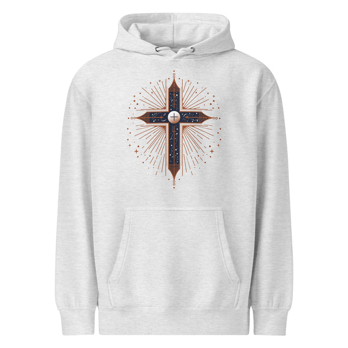 Celestial Cross Hoodie in heather grey, front view