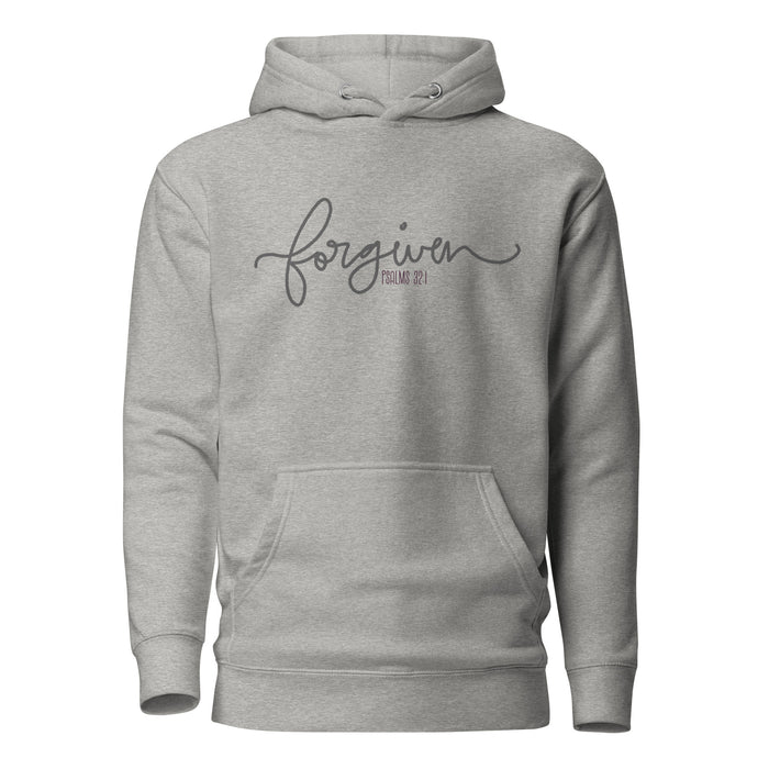 Forgiven Slim Fit Hoodie in carbon grey, front view showing handwritten script design