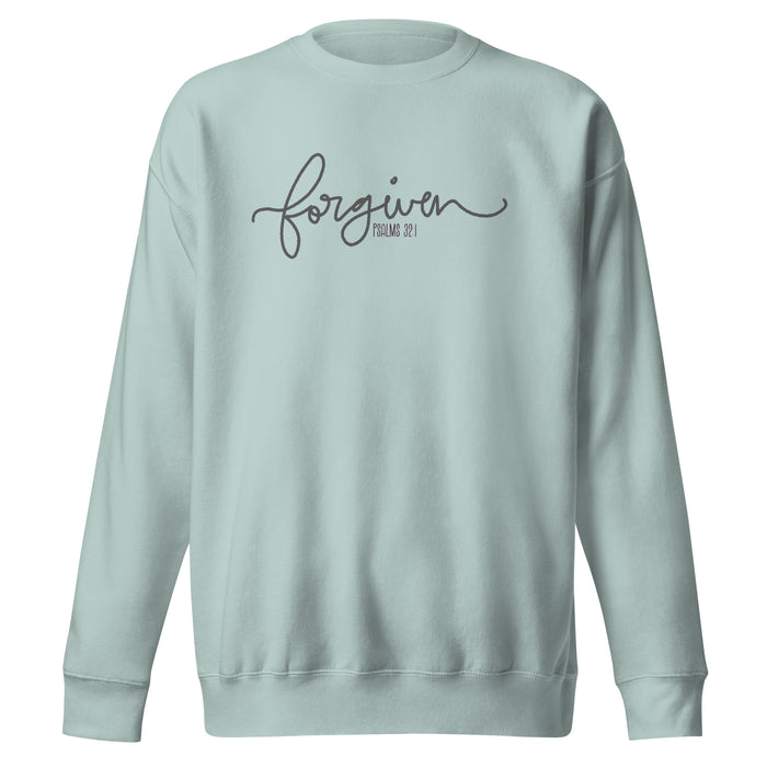 Forgiven Slim Fit Sweatshirt in agave, front view showing handwritten script design