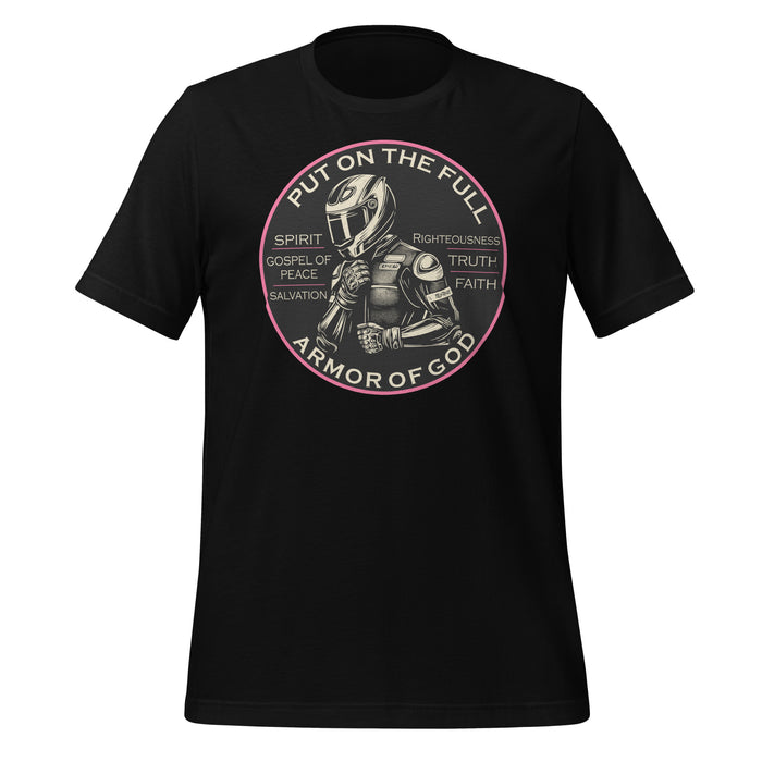 Armor of God Women's Tee in black, front view showing Ephesians 6 rider design