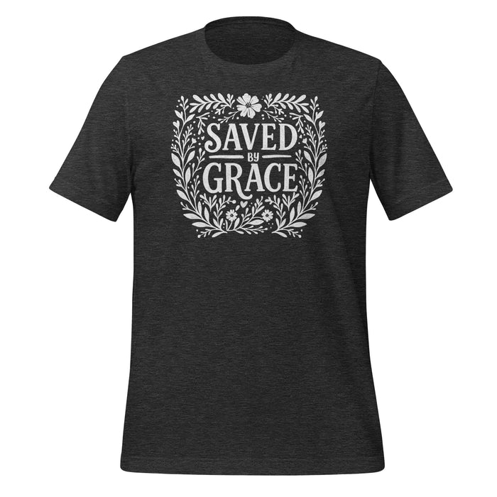 Saved by Grace Chalk Tee in dark grey heather, front view
