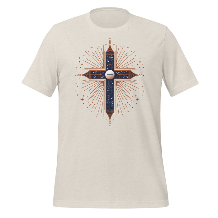 Celestial Cross Tee in heather dust, front view