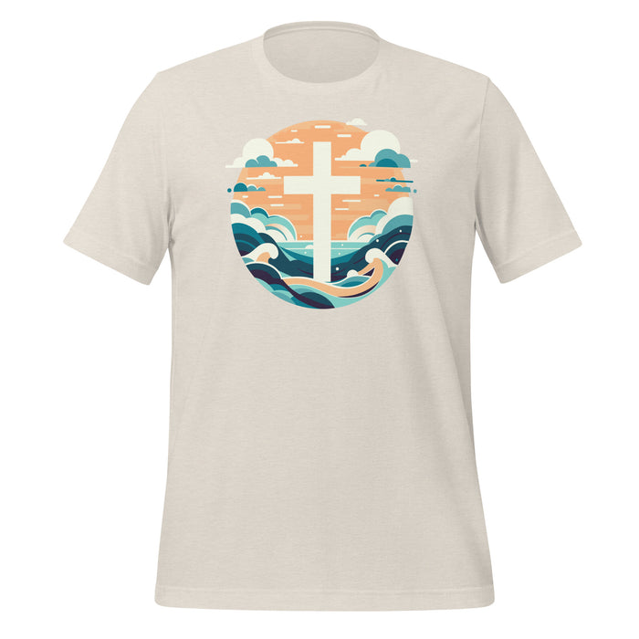 Summer Waves Cross Tee in heather dust, front view