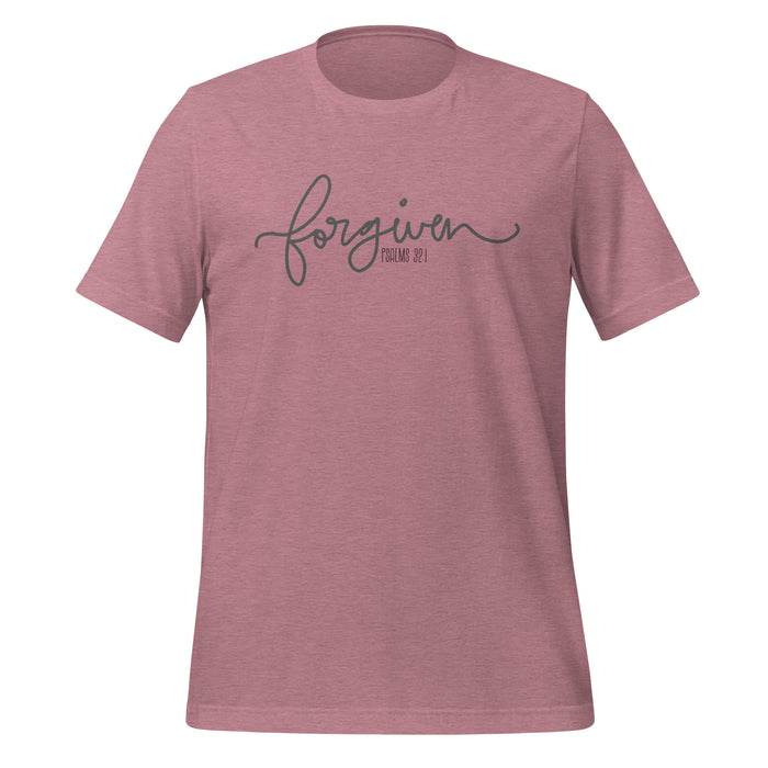 Forgiven Tee in heather orchid, front view showing handwritten script design