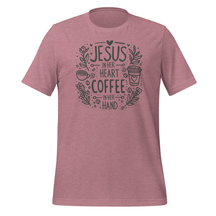 Jesus First Coffee Second Tee in heather orchid, front view showing hand-drawn design