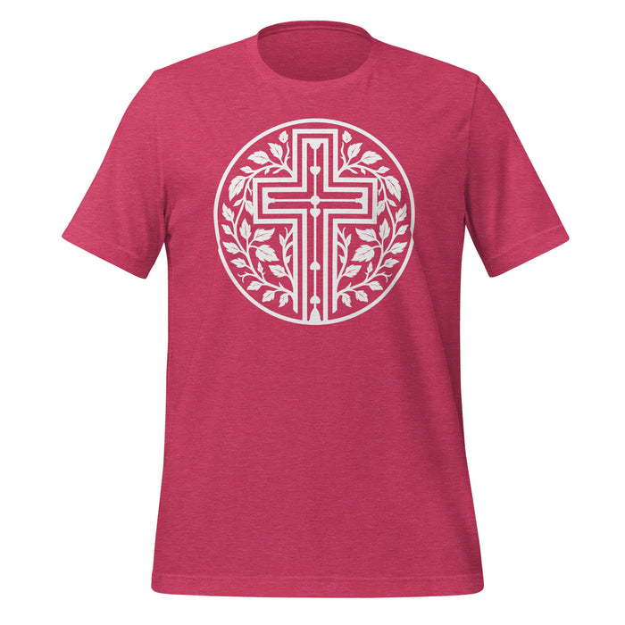 Ivy Cross Tee in heather raspberry, front view showing John 15:5 vine and cross design