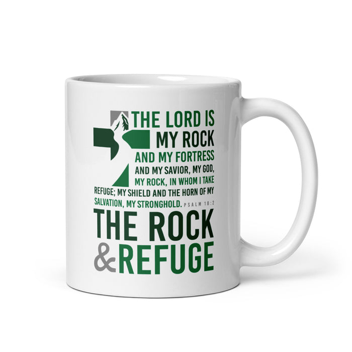 The Rock and Refuge Mug featuring Psalm 18:2 bold typography design on white ceramic