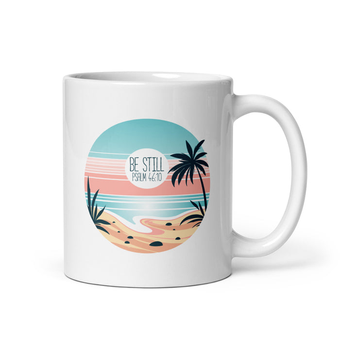 Be Still Mug featuring Psalm 46:10 beach and waves design on white ceramic