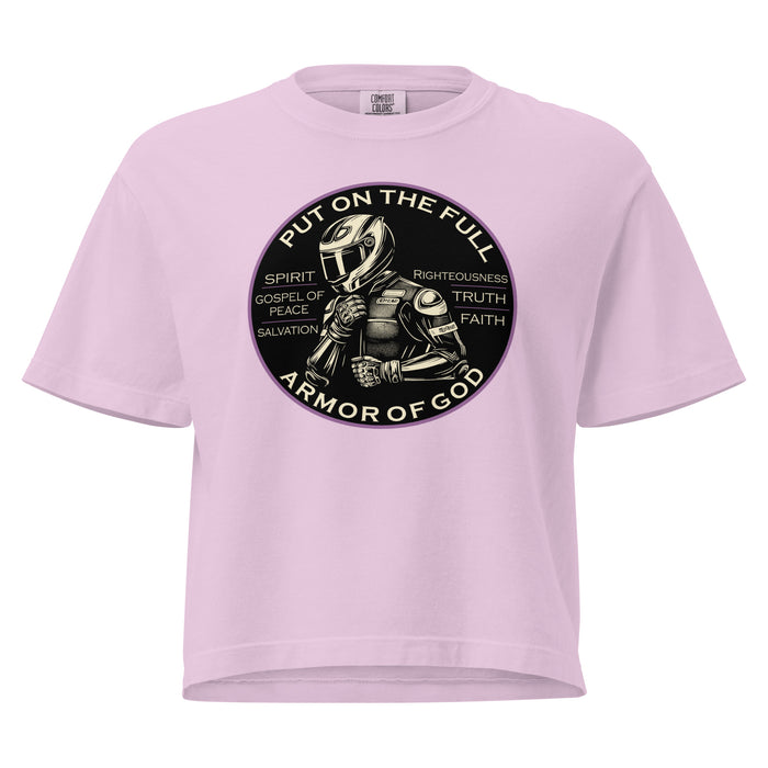 Armor of God Women's Boxy Cropped Tee in orchid, front view